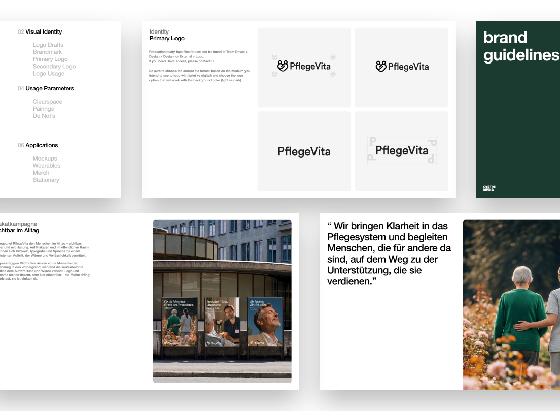 Brand identity guide collage: logo grid, brand guidelines cover, campaign posters
