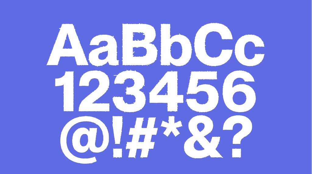 Typeface specimen showing letters, numerals and symbols